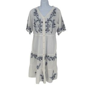 Collections Etc. 100% Cotton White Floral Embroidered Peasant Dress Medium